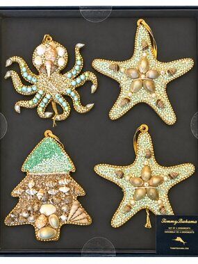 Tommy Bahama Christmas Ornaments Tree Octopus Starfish Beaded Blue Silver Shells